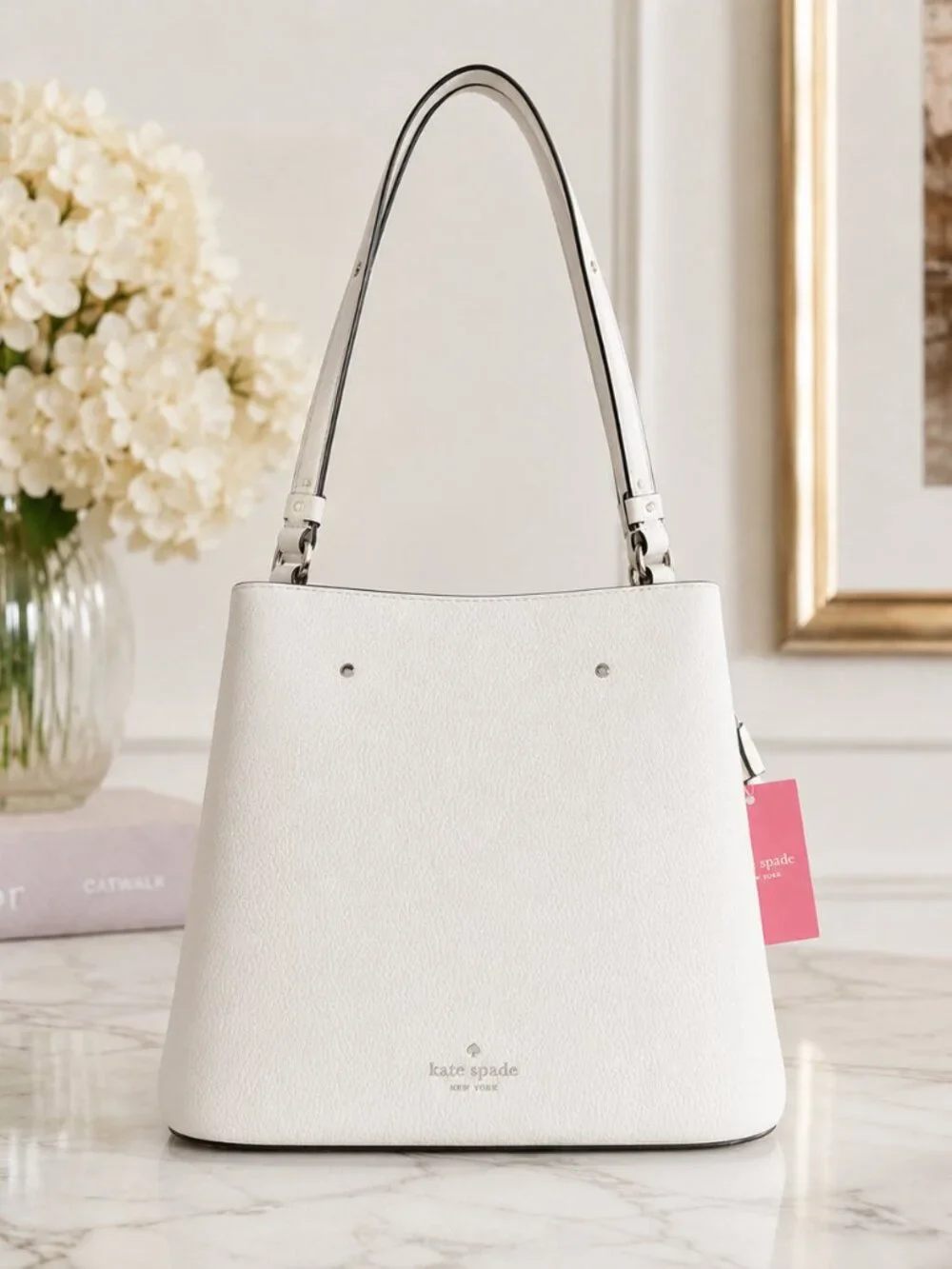 Kate Spade Small Bucket Bag White Dove Pebbled Leather Turn Lock NWT